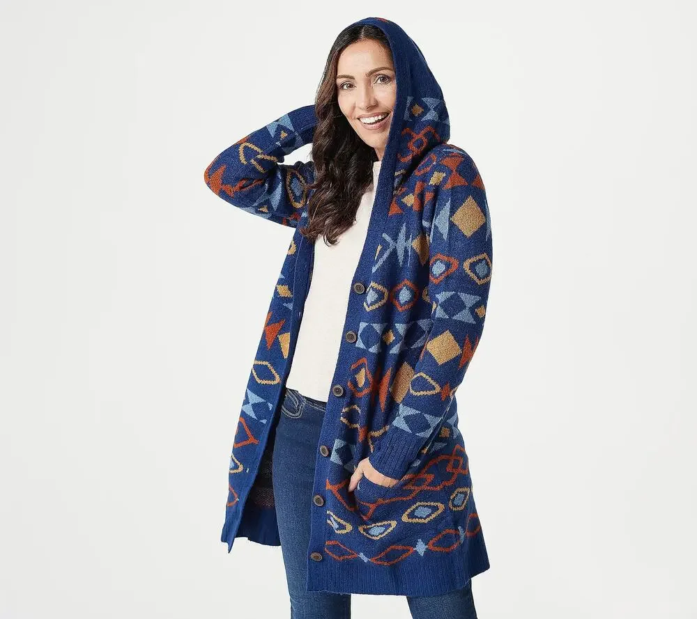 Denim&Co Jacquard Button Front Hood Sweater Cardigan Night Sky XS New